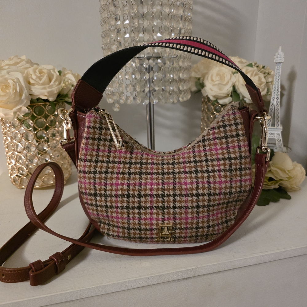Tommy Hilfiger Pink and Brown Plaid Shoulder Bag